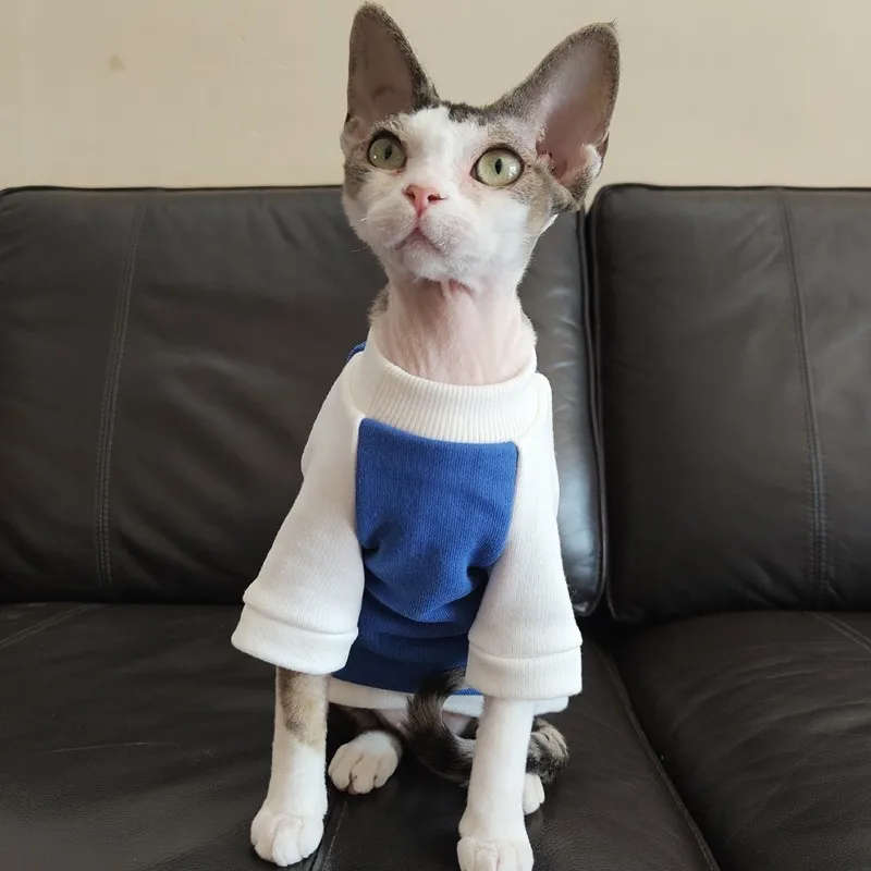 Sphynx Cat Clothes Sweater for Kittens Dogs Winter Autumn Cotton Coat for Devon Rex Long Sleeves Color-block Sweatshirt for Cat