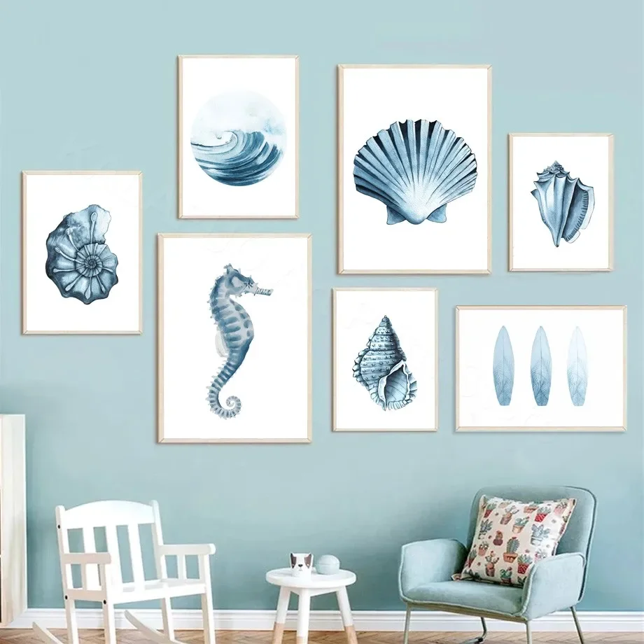 Seahorse Shell Conch Nautilus Surfboard Sea Wave Blue Wall Art Canvas Painting Posters And Prints Pictures For Kids Room Decor