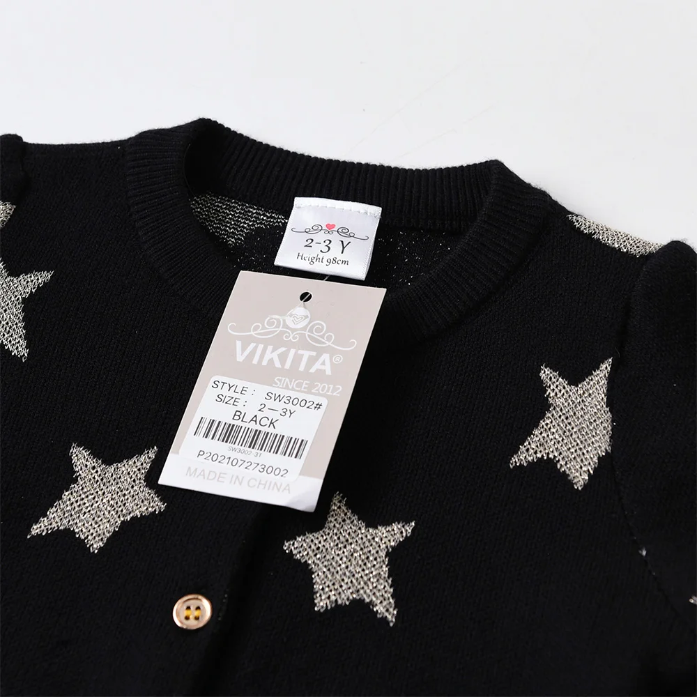 VIKITA Kleinkinder-Strickjacken mit silbernen Stern, Kinder, Rundhalsausschnitt, Knopfleiste, glitzernd, lässig, täglich, Schule, Straße, coole schwarze Pullover-Outfits – Detail 3