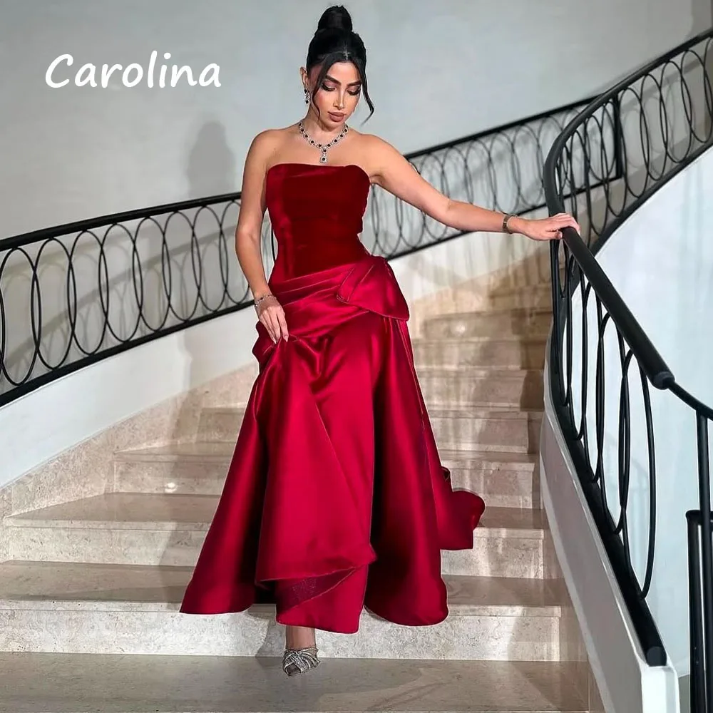 Carolina Red Strapless Women Evening Dress Velour and Satin Draped A-Line Floor-Length Customized Long Wedding Party Gowns