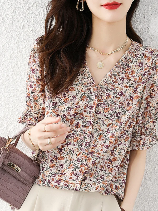 

Floral Print ort Sve Chiffon irt Women's Summer New Korean Sle Retro Slimming Fre Small irt Ele Top