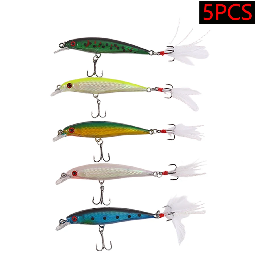 5PCS Slow Sinking Minnow With Feather Hard Bait Artificial Wobblers For Pike Striped Bass Swimbait Crankbait Fishing Lures Set