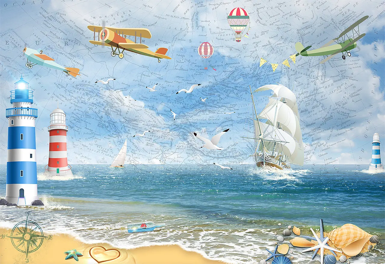 

Sea Beach Ocean Gull Airplane sailboat Hot Air Balloon lighthouse backdrops children kids Photography Studio Backgrounds