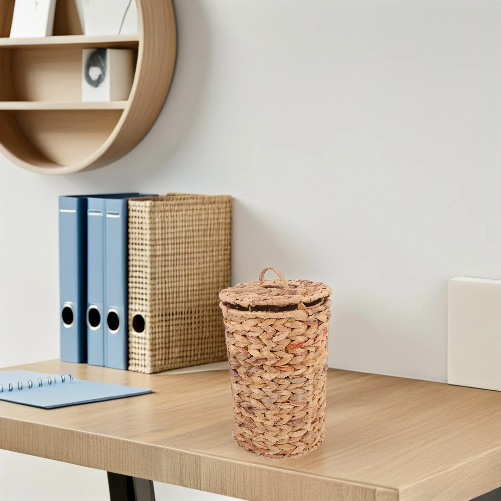 

Handwoven Wicker Trash Can Natural Rattan Waste Basket With Lid For Bedroom Office Desktop Bathroom Living Room Decorative
