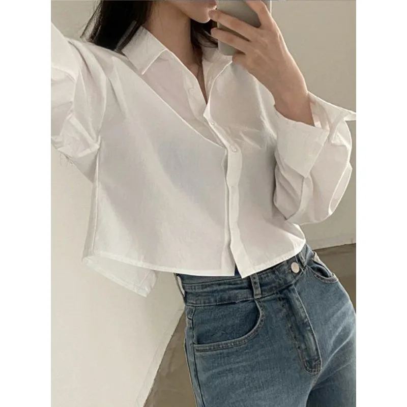 

2024 Spring New Casual Long Sleeve Women White Shirt Korea Style Solid Button Split Woman Crop Tops Blouse Party Clothing