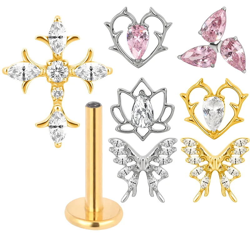 ASTM F136 Titanium Ear PIERC Butterfly Lotus Earring CZ Paved Threaded Ear Stud Tragus Lip Ring Factory Body Piercing Jewelry