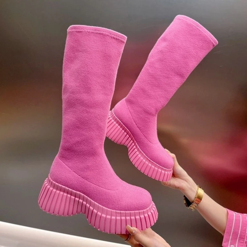 Women High Fly-knitted Elastic Boots 2024 Autumn New Slip on Chunky Platform Ankle Boots Woman Fashion Pink Thick Bottom Botas