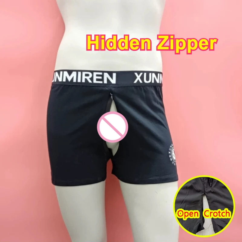 Men's Sexy Open Crotch Long Boxers Sport Fitness Breathable Invisible Zipper Sleep Bottoms Casual Beach Shorts Gym Loungewear