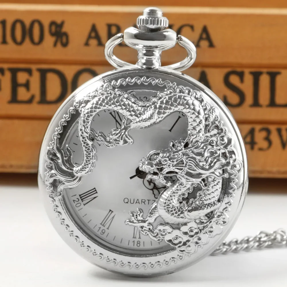 

Half Hunter Hollow Silvery Dragon Design Pendant Men Women Pocket Watch Chain Cool Clock Children Gift