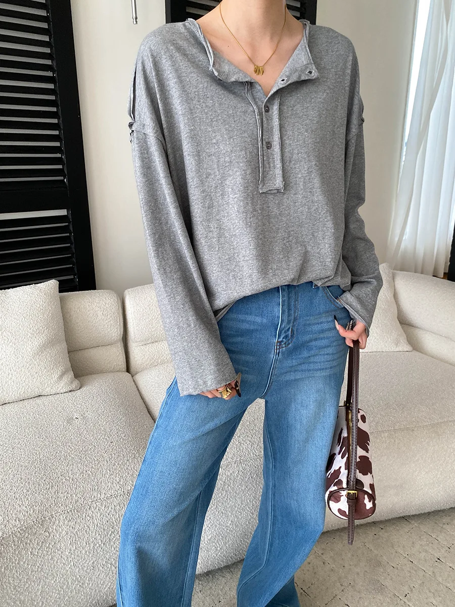 Autumn women's solid color split splicing casual round neck long sleeved T-shirt