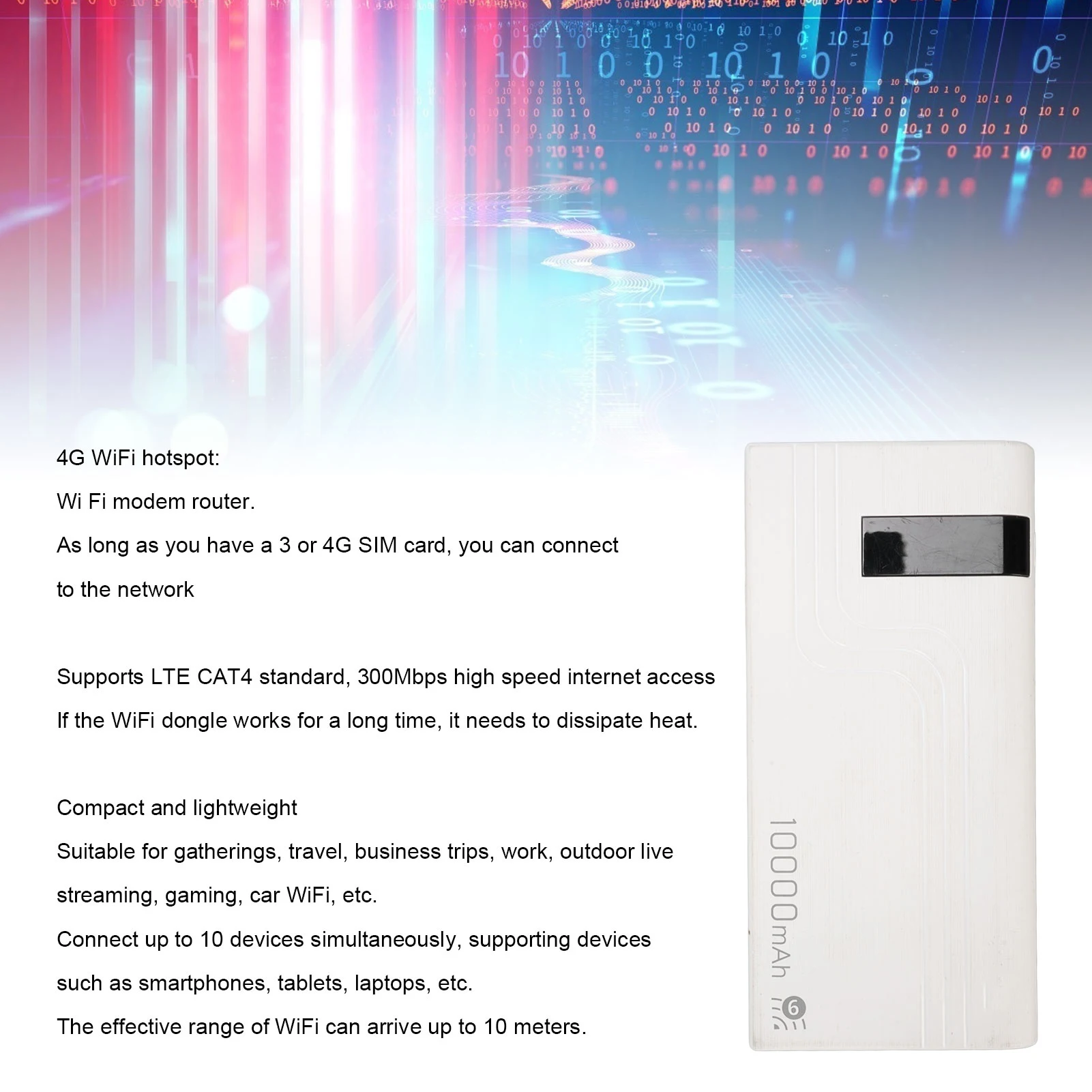 Mobiler 4G-LTE-Hotspot-Router, entsperrt, 300 Mbit/s, kabelloser SIM-Kartensteckplatz, mobiler Router, eingebauter 10000-mAh-Akku, WiFi-Hotspot-Gerät