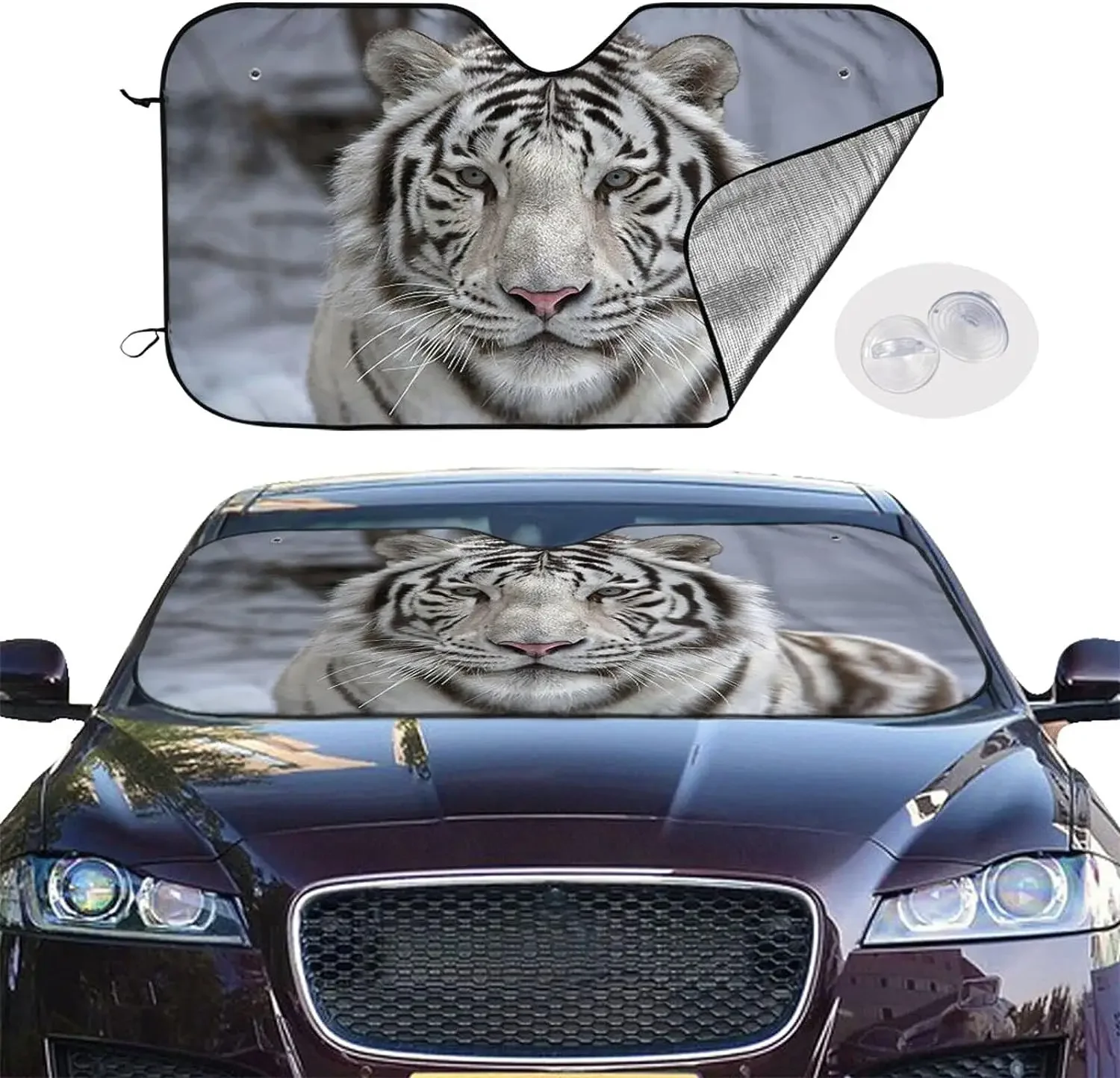 White Bengal Tiger Pattern Sun Shade Front Window Sunshade for Most Sedans SUV Blocks Max Uv Rays and Keep Your Vehicle Cool