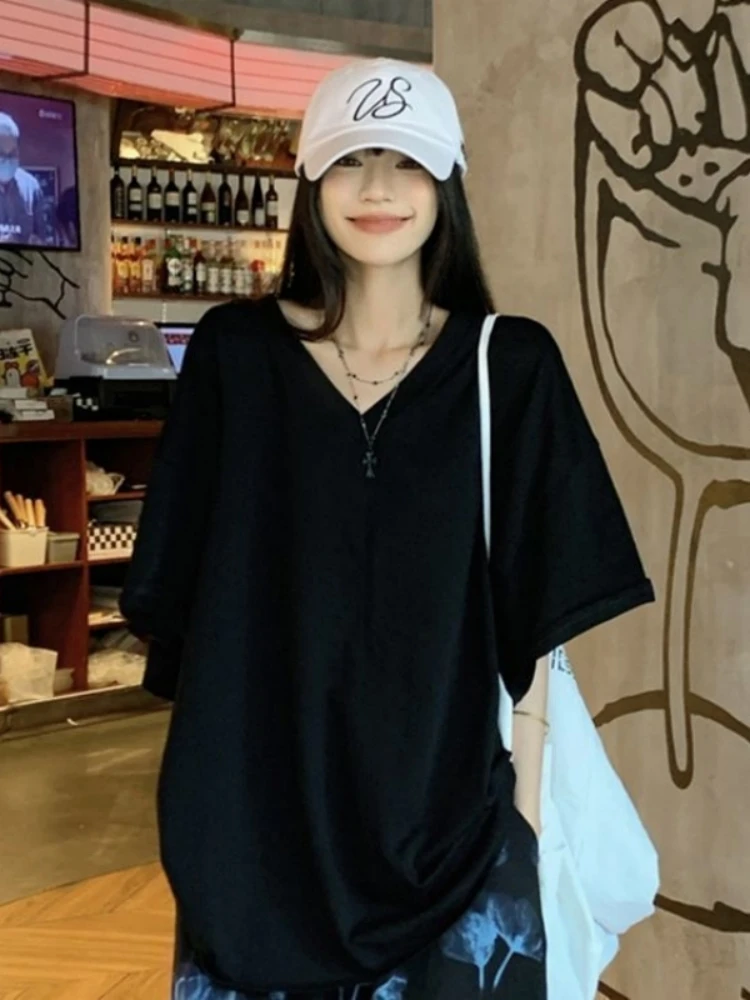 Ladies Loose Fit Short Sleeve T-Shirt V-Neck Black Summer Casual Wear Polyester Material Comfortable Breathable Sweat Absorbent