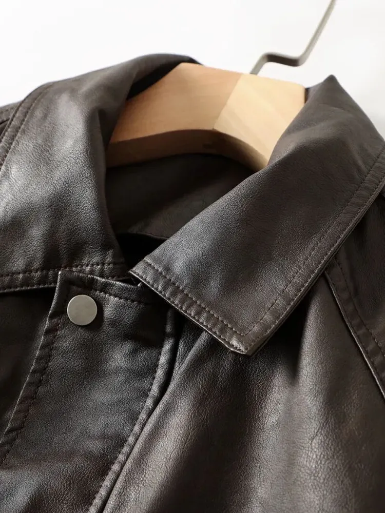 

Heavyweight PU Leather Biker Jaet Men's Loose Fit Casual Collar Autumn Winter Faion Youthful Sle Windproof Zipper Closure