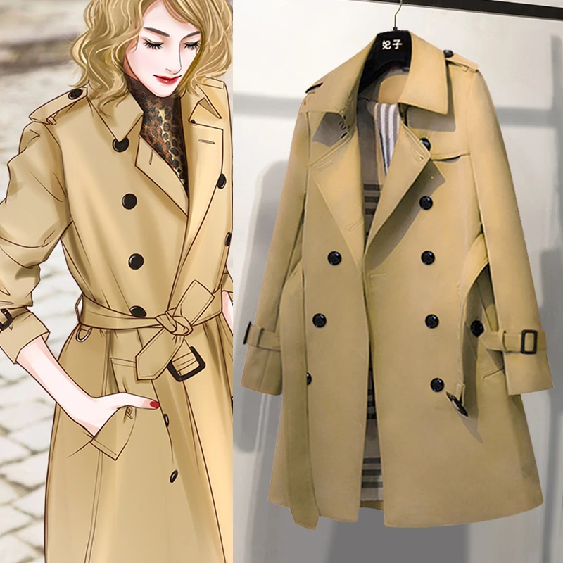 [FEIZI Consort]Light luxury classic khaki trench coat, women\'s fashionable temperament, medium length slim fitting British coat