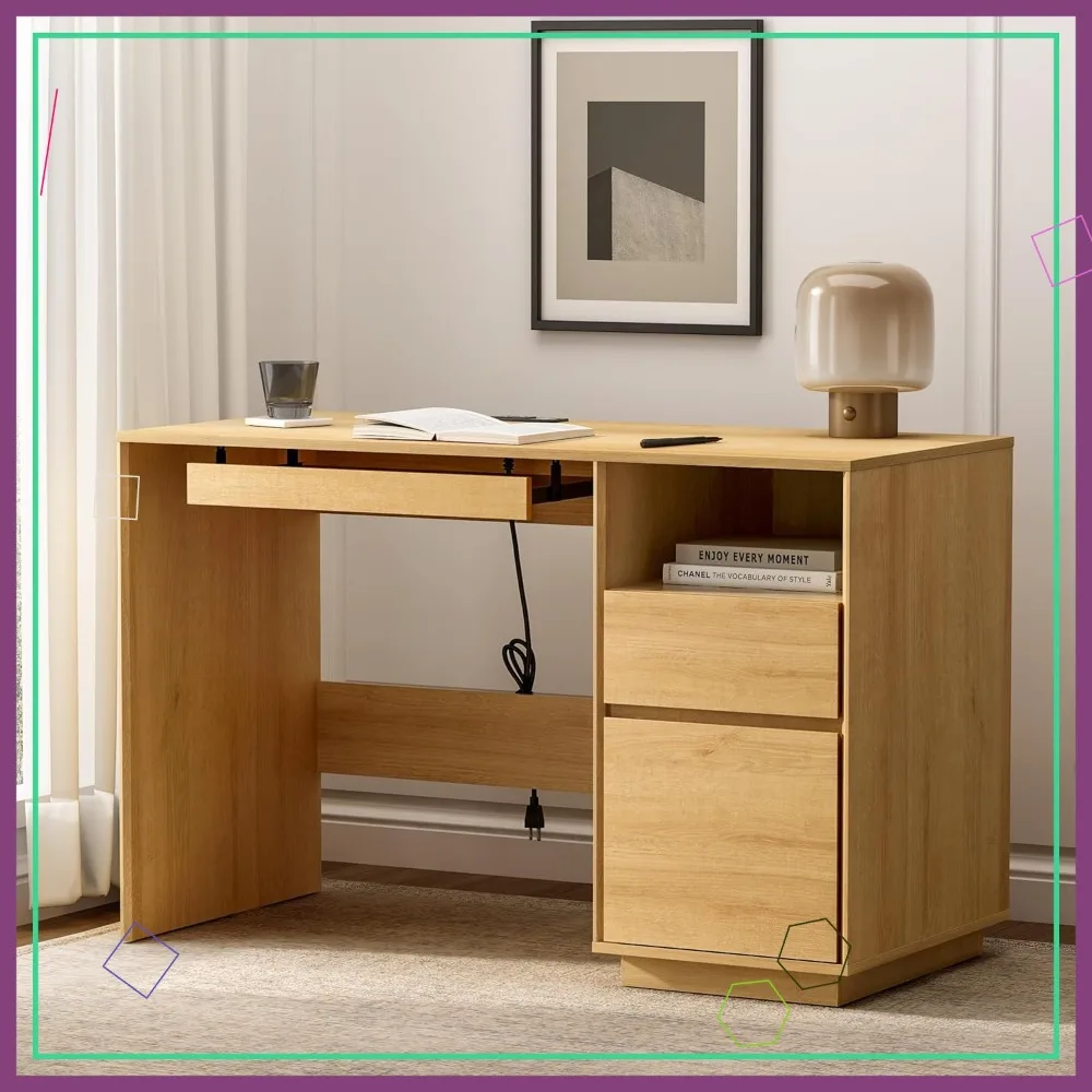 

Компьютерный стол в стиле фермерского дома 47 дюймов с выдвижным ящиком для документов, зарядной станцией и местом для хранения - стол для домашнего офиса из натурального дуба