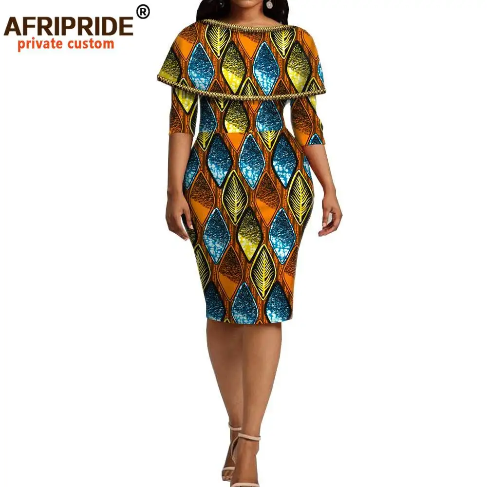 

2026 African Ankara Print Dashiki Dress for Women Bazin Richi Half Sleeve Knee Length Women Pencil Wax Dress A1825104