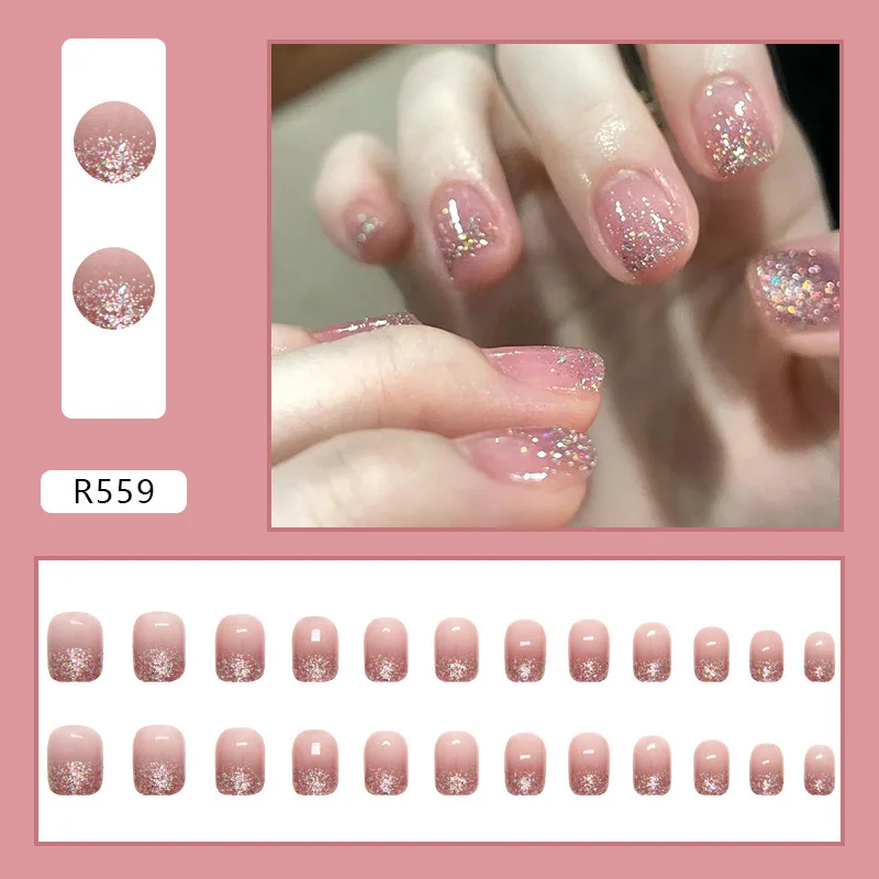 Glitter curto artificial unhas falsas para meninas, pressione nas unhas com cola, dedo Nail Art, barato, verão, 24pcs