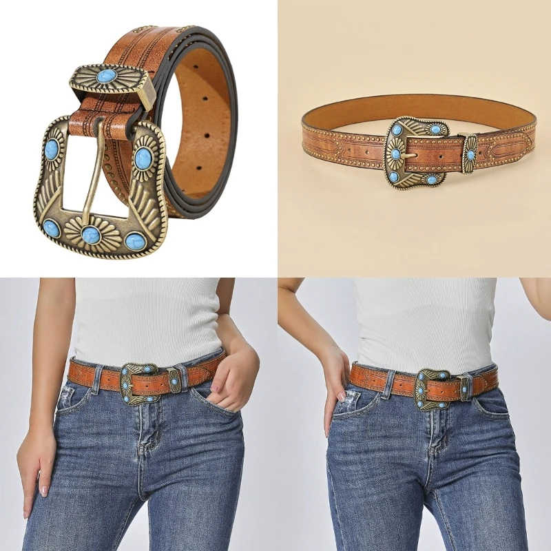 Ceinture de cowboy en cuir turquoise, ceinture de construction, ceinture occidentale vintage