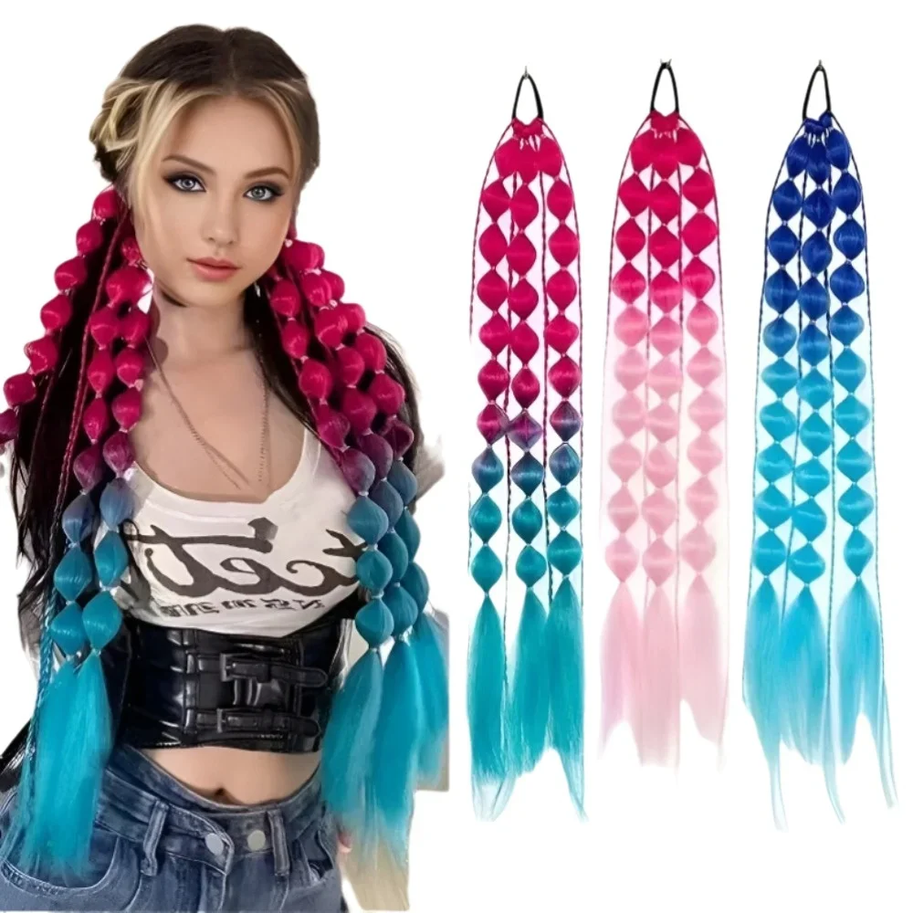 

2PC Synthetic Colored Hair Extensions Lightweight for Kids Bubble Ponytail with Hair Tie Ombre Crazy Hair Day Accessories Girls