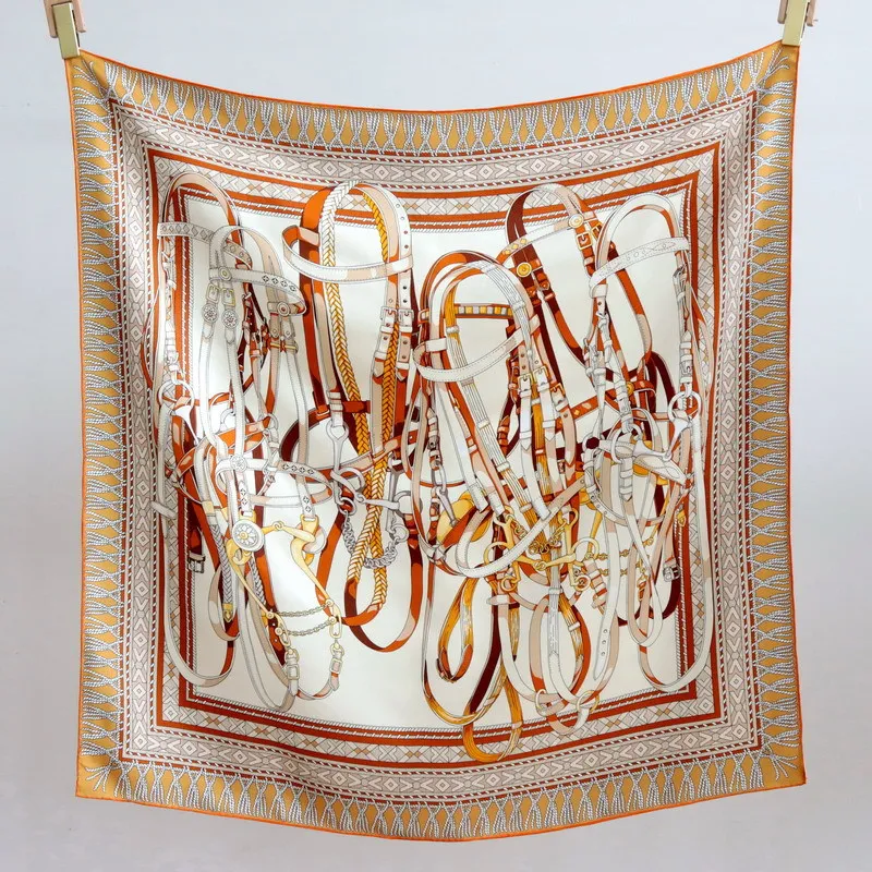 

High-end Elegant Women Exquisite Crazy Saddle Print Quality 14MM Twill Silk Hand-rolled Edge Versatile Large Square Scarf Shawl