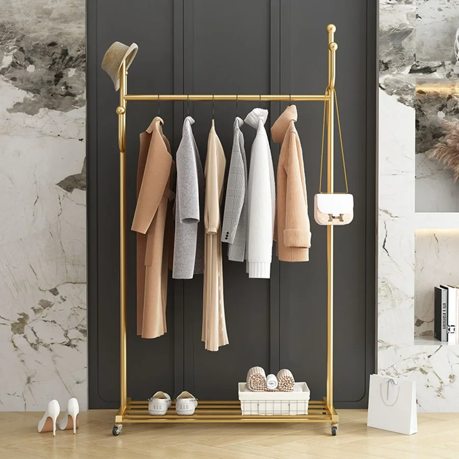 

Moving Cloth Racks Bedroom Golden Minimalist Stand Small Mobile Wheels PortableHanger Elegant Crochet Hallway Furniture