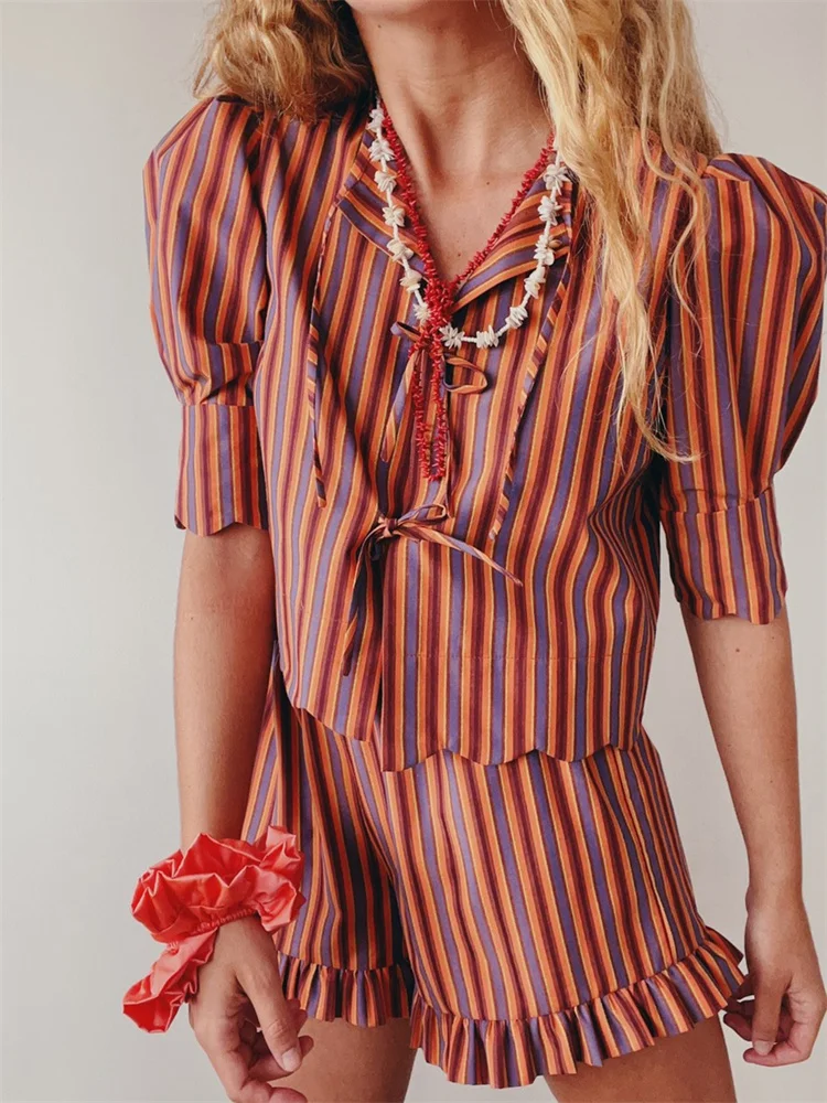 

CHRONSTYLE Women Striped Print 2 Pieces Outfits Puff Sleeve Front Tie-up Shirts Crop Tops Ruffles Shorts Set Streetwear 2024 New