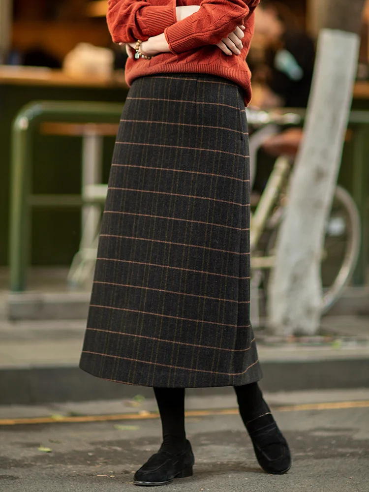 

Warm Wool Blend Plaid Slimming f Skirt Faionable Commute Sle mid Waist Zipper Design A-Line Skirt for Autumn Winter