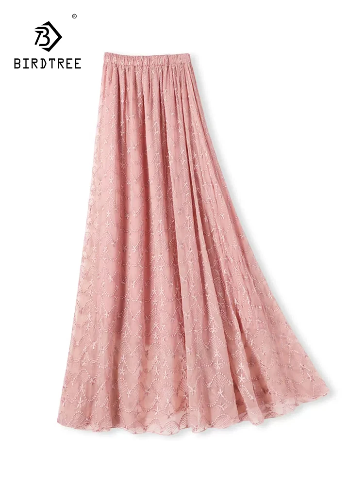 

BirdTree-Silk Qiao Qi Elegant Skirts, Elastic Waist Embroidery, Women French Beach Vacation A-line Skirt, 2026 Summer B66366CC