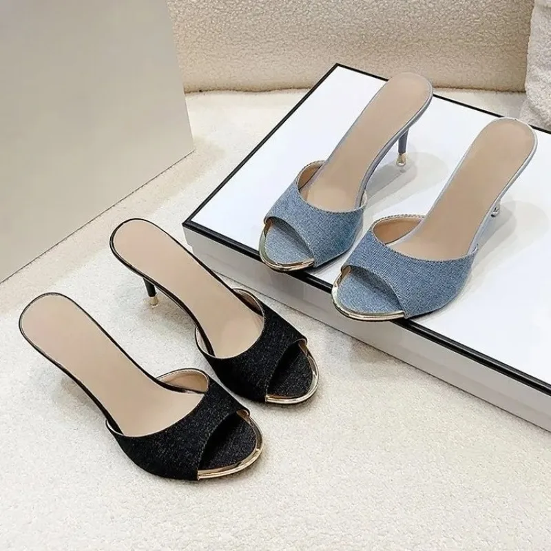 2026 Summer New Style High-Heel Transparent Knitted Front-Opening Half-Bootie Women's Sandals