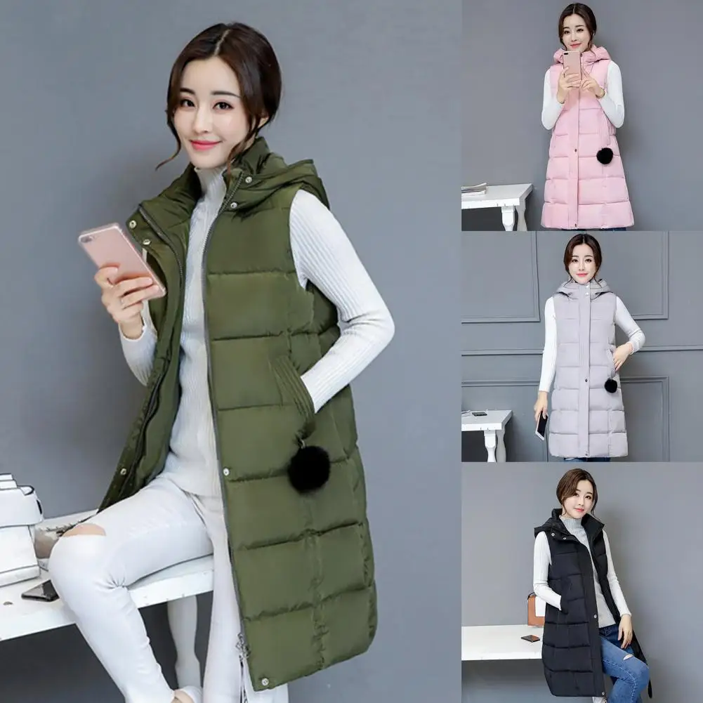 2024 New Winter Sleeveless Waistcoats Women Black Hooded Long Parkas Vest Warm Zipper Clothes Down Coats Parka Outerwear