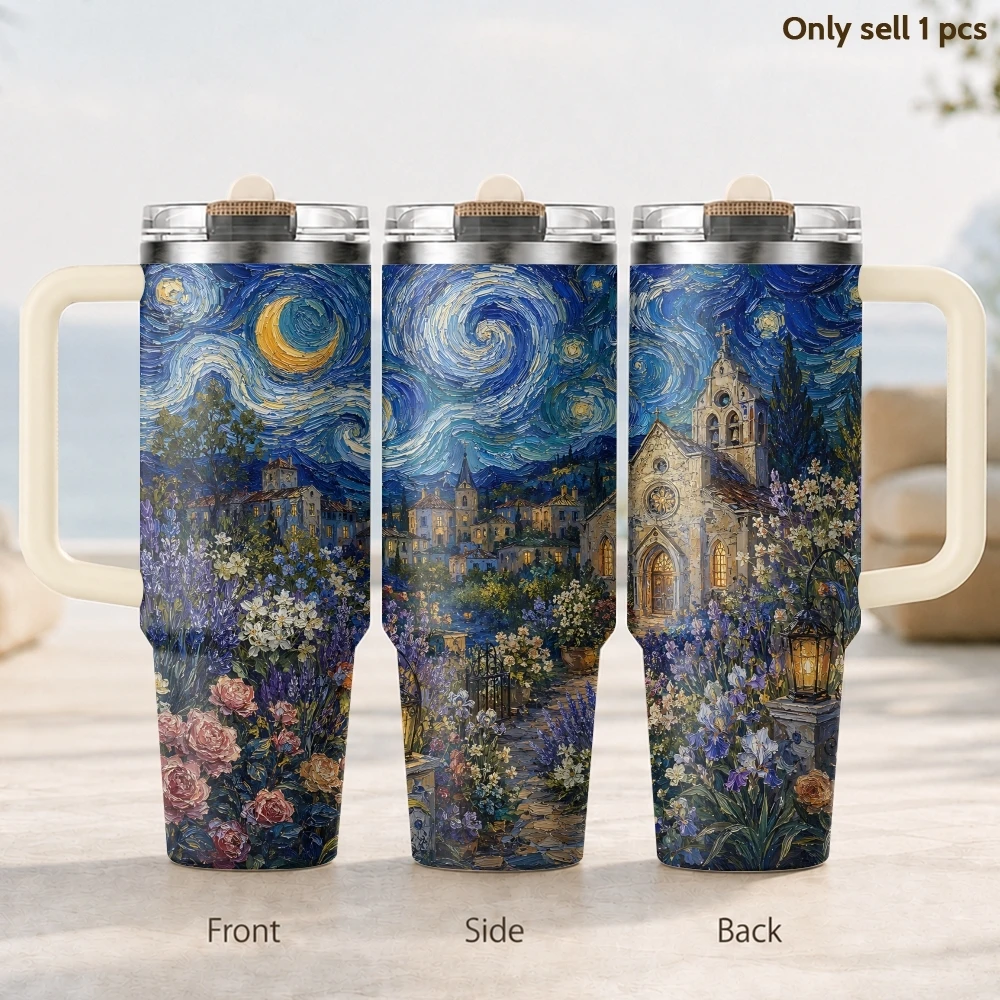 Moonlit Floral Valley Garden Starry Vacuum Flasks 40oz Thermal Tumbler Handle Stainless Steel Insulated Water Portable Mug Cup