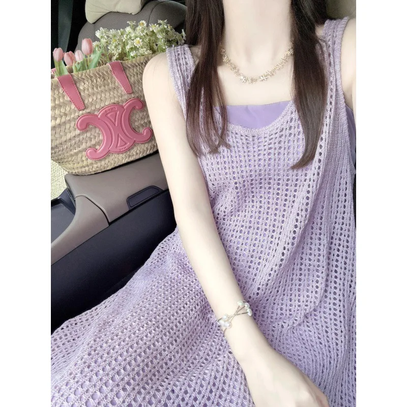 2024 Knitted Sleeveless Long Skirt Hoodie Strap Tank Top Skirt Temperament Casual Vacation Style Loose New Purple Hollow Skirt