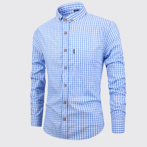 Imagen 2 del producto Camisa de manga larga para hombre 100% algodón talla americana a cuadros sin planchar informal de alta calidad transpirable de talla grande ajustada