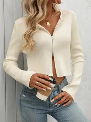 Women Knit Rib Sweater Autumn Winter Warm Long Sleeves Slim Zipper Cardigan White Korean Short O-neck Ladies Casual Top