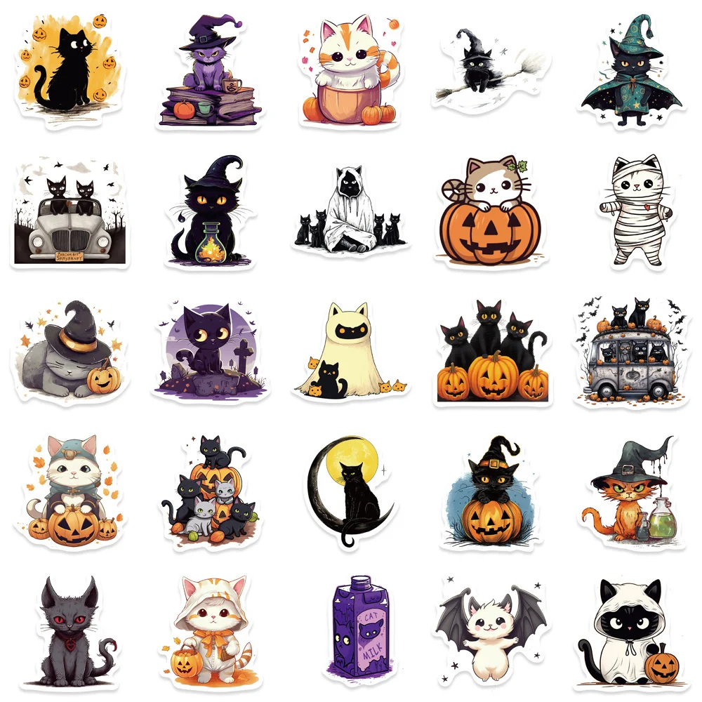 50pcs Halloween Cute Cat Stickers Pack Suitcase Ipad Phone Laptop DIY Sticker Vintage Journaling Materials Journal Accessories