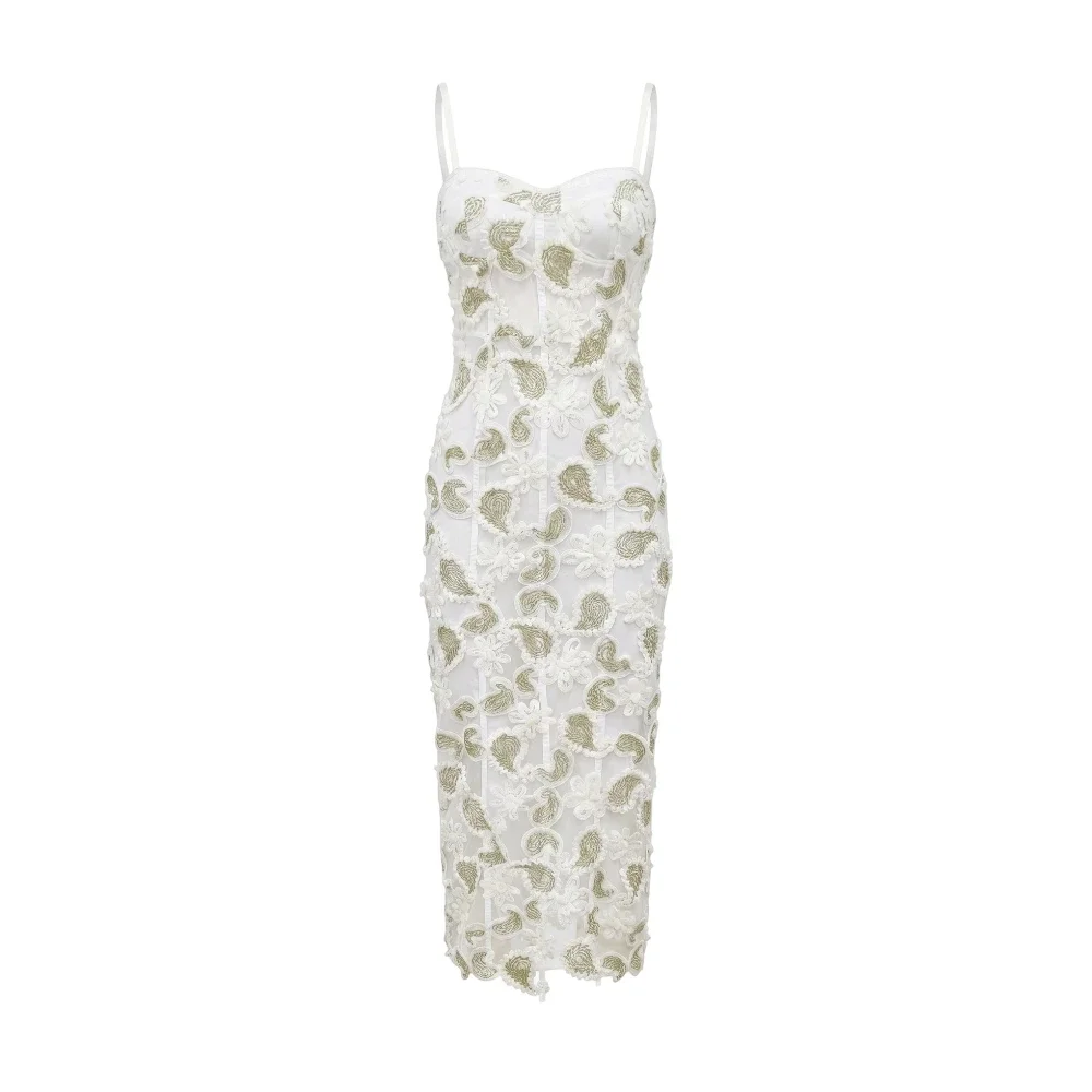 Elegant Sage Green Paisley Lace Midi Dress Women Sexy Spaghetti Strap Corset Bodycon Dresses Luxury Wedding Guest Prom Gown view 3