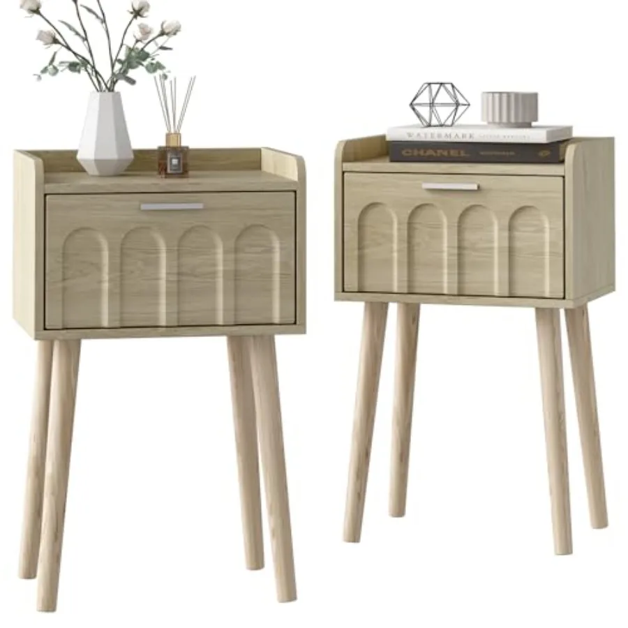 

Small Night Stand Set of 2 Mid- Century Side End Table with Arced Door Bedside Tables with Solid Wood Legs for Bedroom Living R