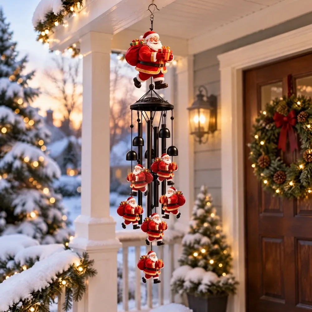 Santa Themed Outdoor Wind Chimes 36IN Metal Construction Red Black Color for Garden Porch Year Round Enjoyment