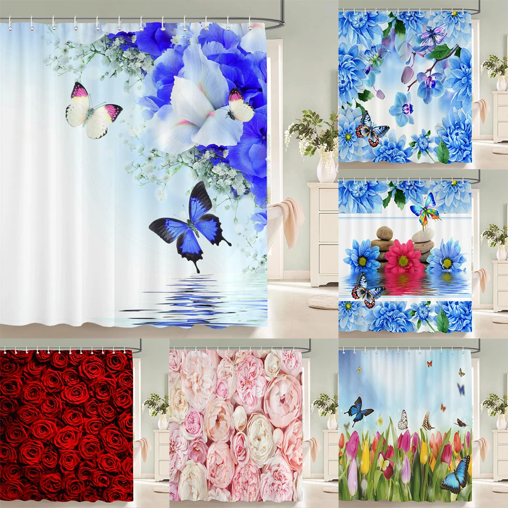 Floral Tulip Printing Flower Shower Curtain Waterproof Polyester Fabric Bathroom Curtain With Hooks 180x180cm Decorative Curtain