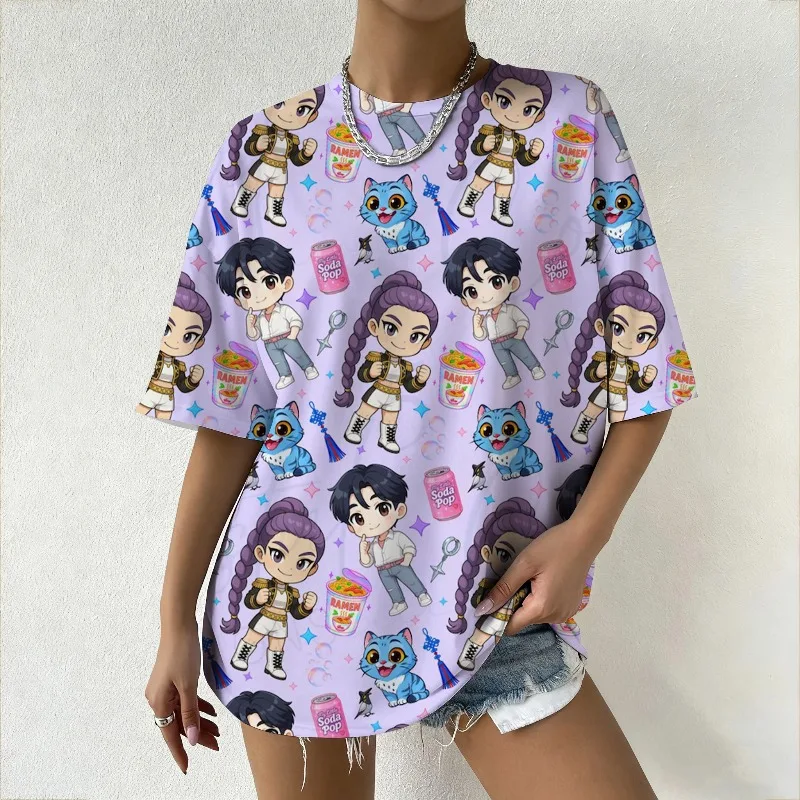 

Women's KPop Demon Hunters Graphic T-Shirt Trendy Streetwear Top with Cute Cartoon Character Prints for Fashion Enthusiasts Y2K