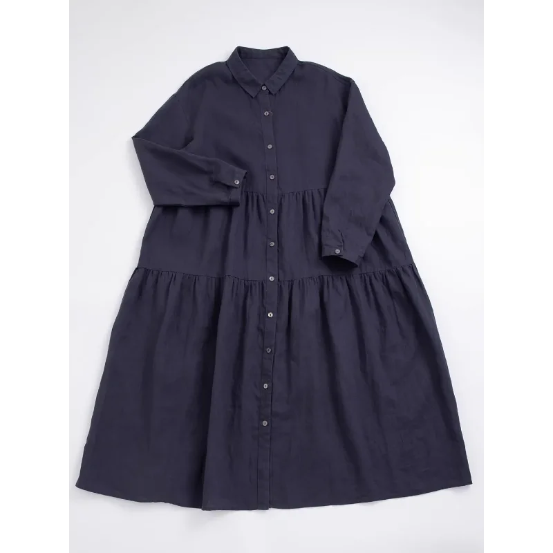 Vestido de comprimento médio de algodão e linho de cor sólida solto e elegante de tamanho grande