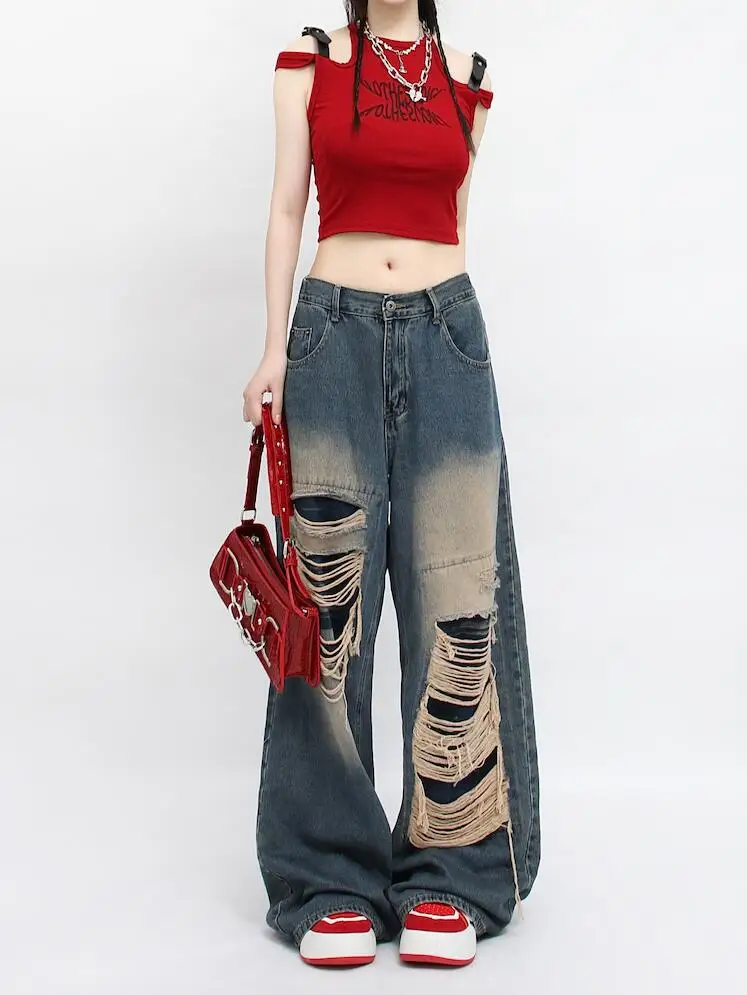 

MiiiiX American Retro Style Hot Girl Distressed Ripped Jeans Women's 2024 Summer Slimming loose Wide Leg Pants Female Clothes