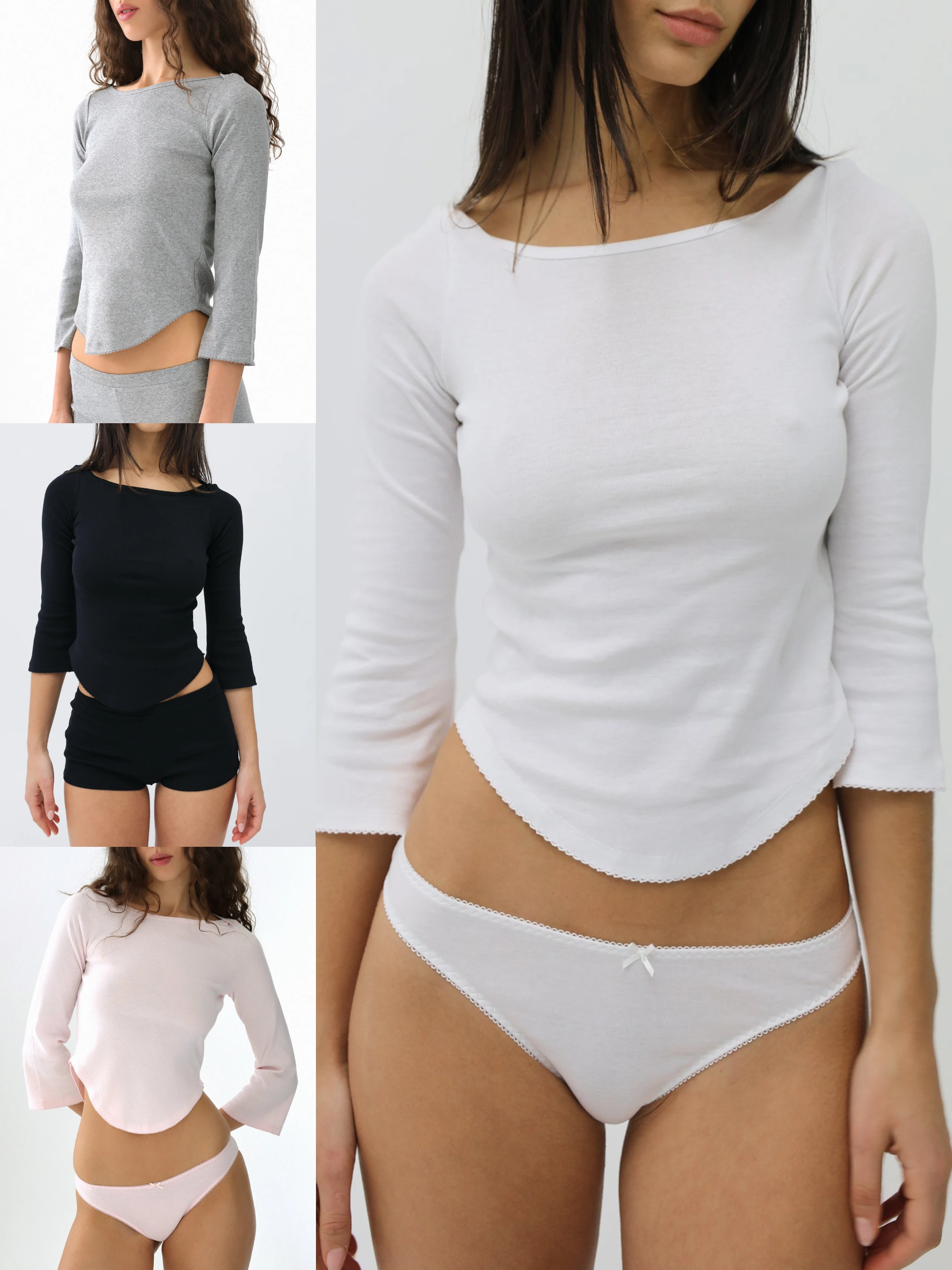 

Cou Осенняя белая футболка с рукавом три четверти и круглым вырезом с длинными рукавами V-образный подол Серый топ Повседневная мода Розовый топ Кружевной дизайн Черный топ