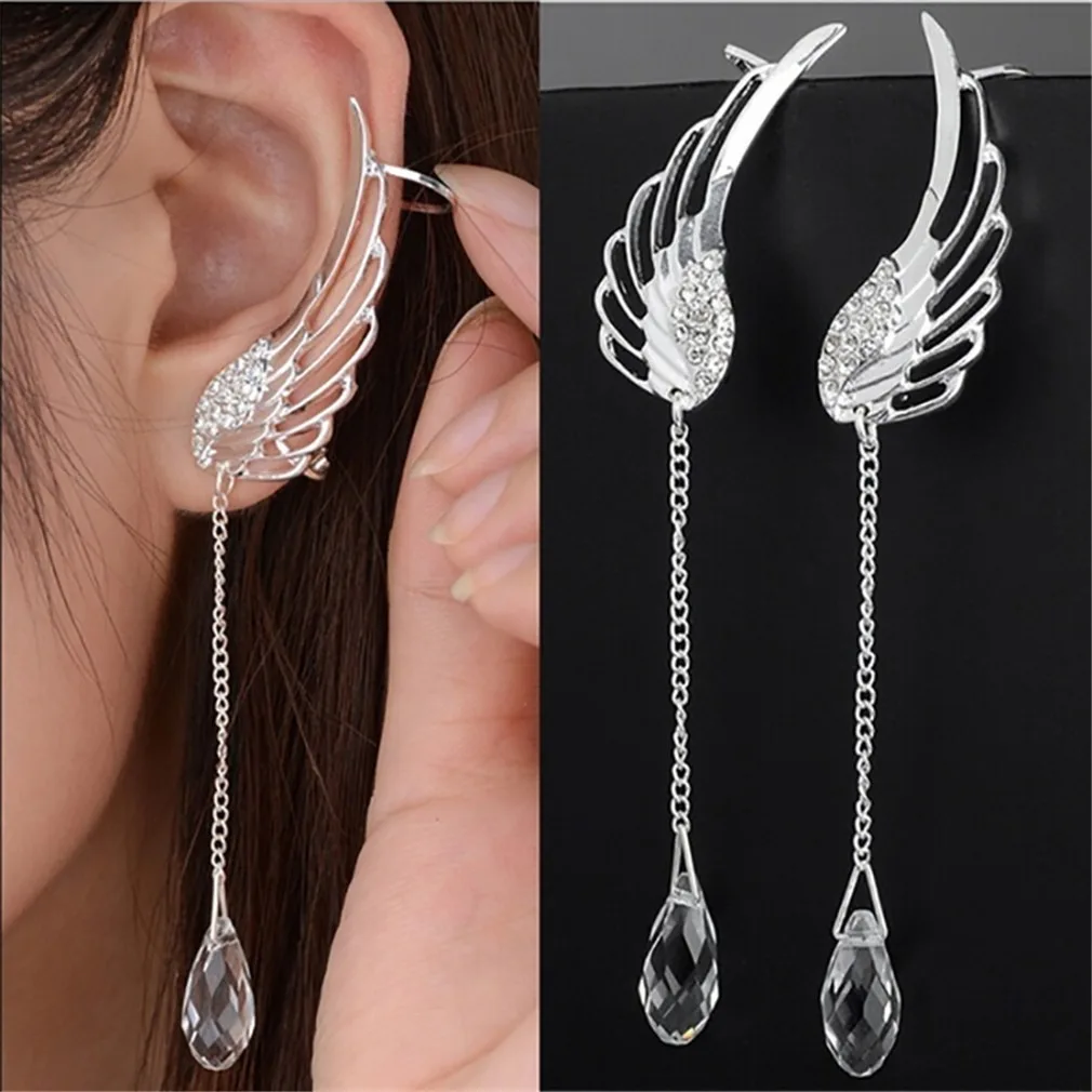 Angel Wings Crystal Earrings for Women Silver Plated Drop Dangle Ear Stud Long Cuff Clip on Earrings Bohemia Tassel Ear Jewelry