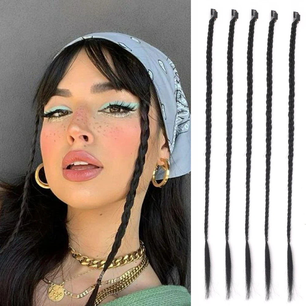Syntetyczny 5 sztuk/partia Clip-in rozszerzenia dla kobiet kucyk Rainbow Braid przedłużanie włosów 22 Cal Ombre Hairpiece różowy czarny zielony
