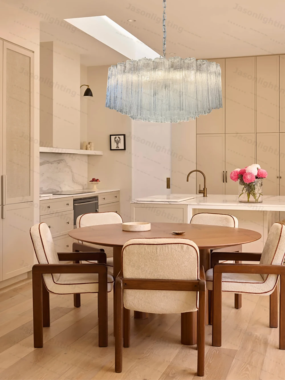 Home French Glass Art Round Dimmable LED Chandelier