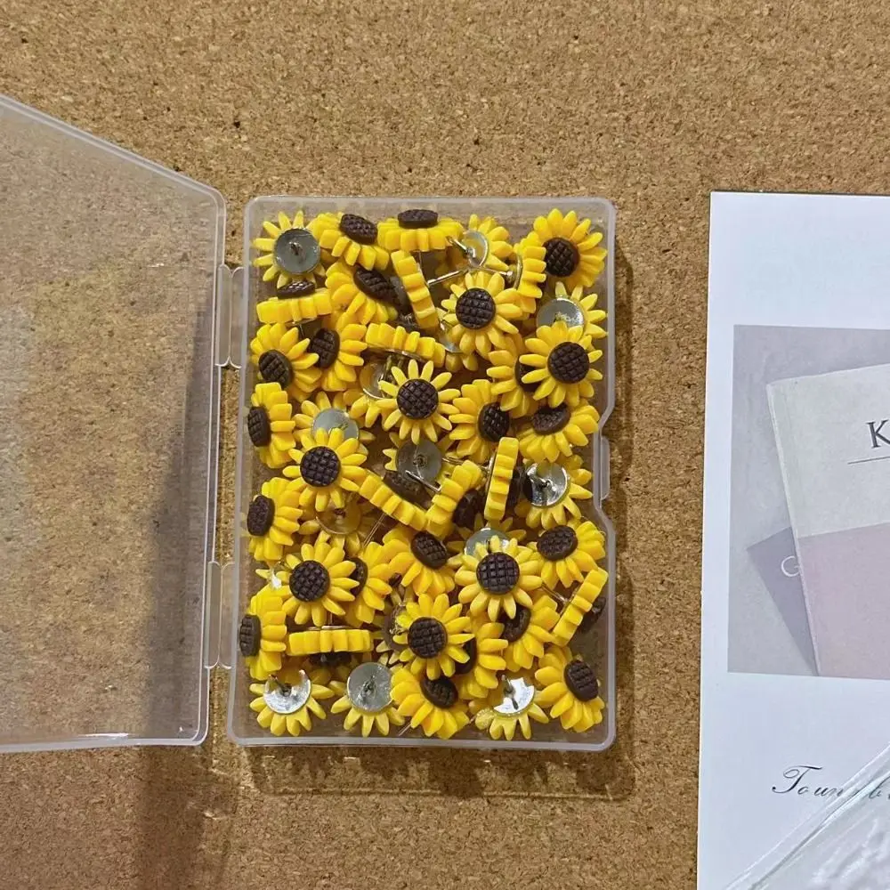 Chinchetas creativas de girasol para decoración del hogar, tablero reutilizable artesanal, Pin de empuje bonito con caja, papelería, 10/20/30/40/50 Uds.