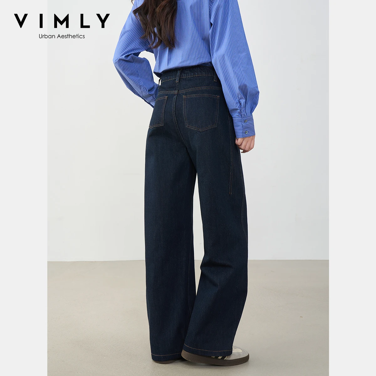 VIMLY الأزرق الداكن الدنيم امرأة السراويل خريف 2025 جديد الملابس خمر جيوب منتصف الخصر فضفاض الإناث السراويل ملابس حريمي 75125