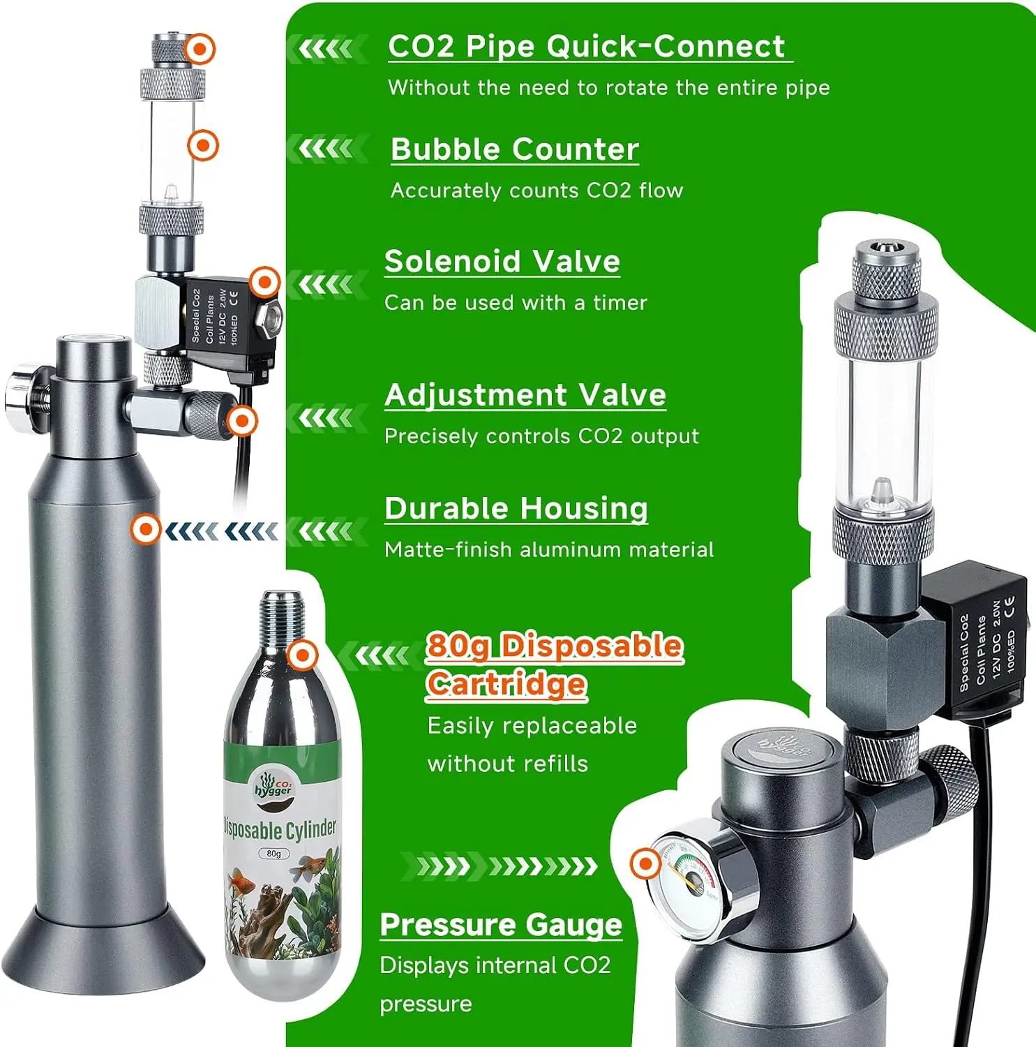 Desktop CO2 Regulator with 80g Disposable CO2 Cartridge with Solenoid Valve, Complete Aquarium CO2 System, Compatible